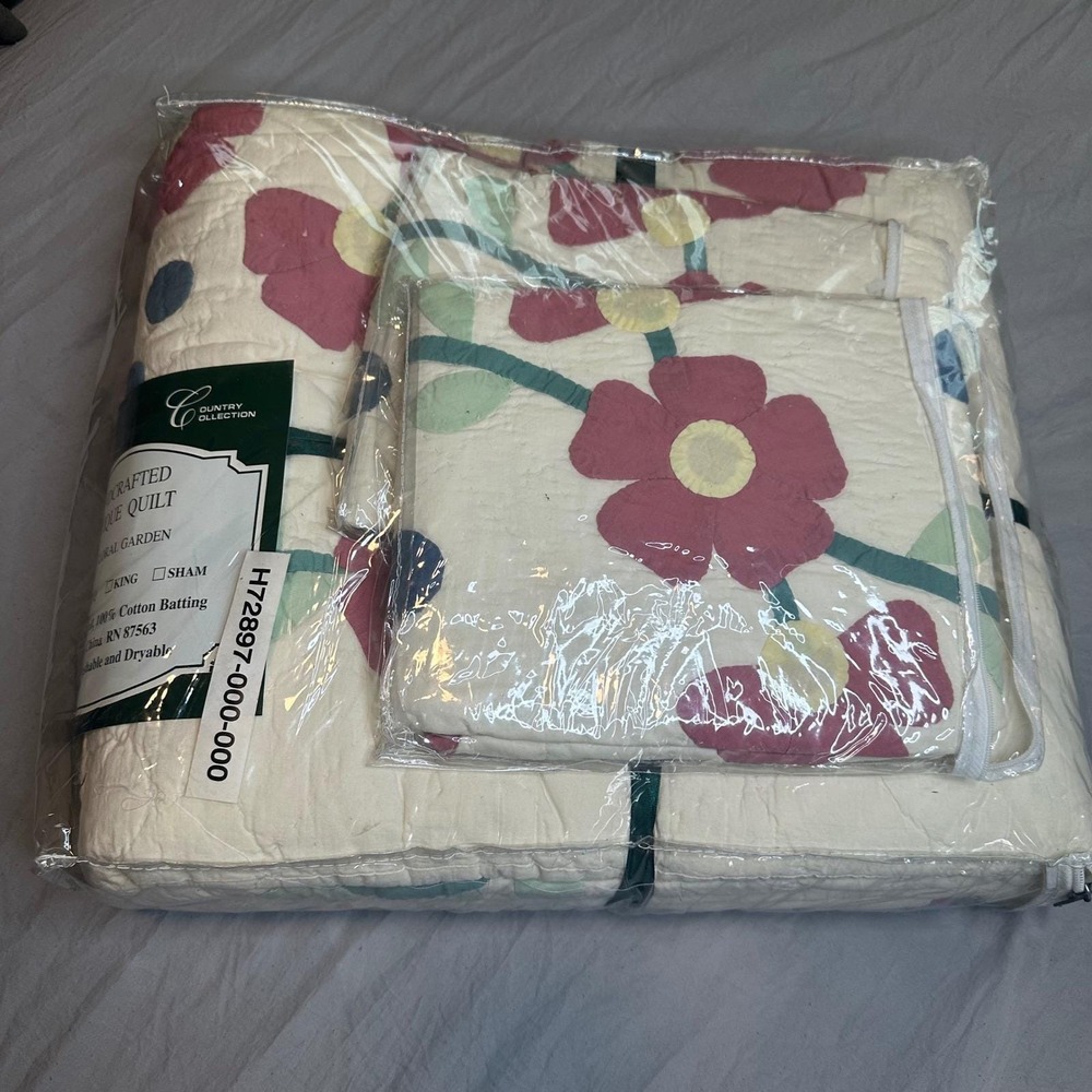 VTG PDK Country Collection Floral Garden Appliqué Quilt 3 piece set King Rare
